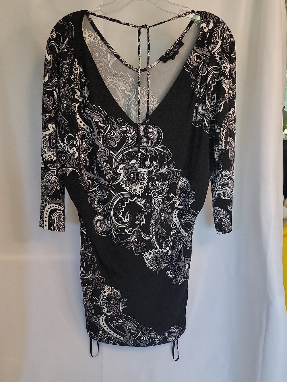 White House Black Market Black & White Paisley V-Neck Mini Dress with Back Tie